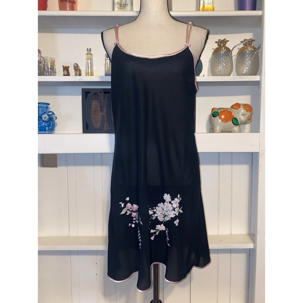 Y2K Vintage Oscar De La Renta Pink Label Black Sheer Floral Night Gown Medium